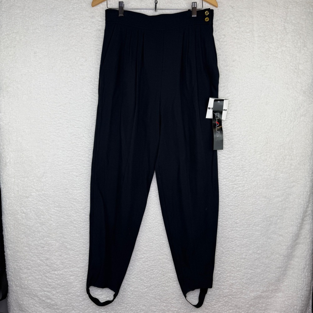 Vintage Chaus Sport Black Stirrup Pants High Waisted Pleated Gold Button Size 16